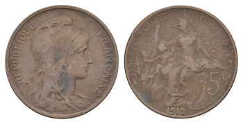 Франция 5 сантимов 1912 тип Дюпюи KM 842 бронза 83-223