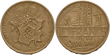 Франция 10 франков 1977 тип Матье KM 940, Le Franc 365.9-10 никель латунь 4159-713