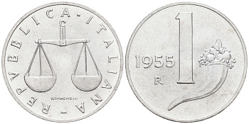 Италия 1 лира 1955 R, весы KM 91 алюминий  UNC  4594-721