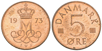 Дания 5 эре 1973 S; B, Маргрете II (1972-2024) KM 859.1 железо плакированная медью aUNC 3955-545