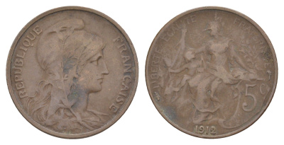 Франция 5 сантимов 1912 тип Дюпюи KM 842 бронза 83-223