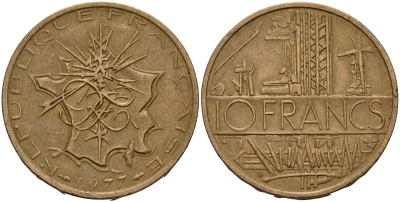 Франция 10 франков 1977 тип Матье KM 940, Le Franc 365.9-10 никель латунь 4159-713