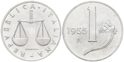 Италия 1 лира 1955 R, весы KM 91 алюминий  UNC  4594-721