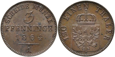 ПРУССИЯ 3 ПФЕННИГА 1864 А, ВИЛЬГЕЛЬМ I (1861-1888) KM 482 медь 4448-1131