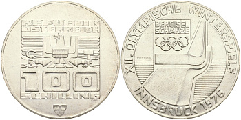 Австрия 100 шиллингов 1976 XII зимние Олимпийские игры в Инсбруке, лыжный трамплин KM 2929 серебро UNC 02-118-13