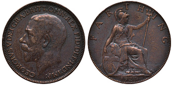 Великобритания 1 фартинг 1924 Георг V (1910-1936) KM 808.2, Spink 4060 бронза 4122-456