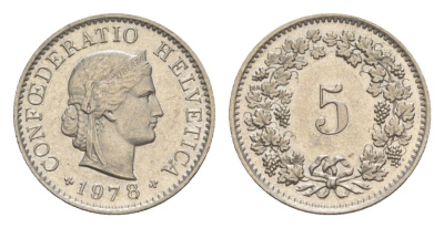 Швейцария 5 раппенов 1978 KM 26 медно-никель UNC 4611-1142