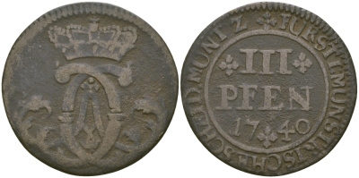 Мюнстер 3 пфеннига 1740 KM 170 медь 65-641