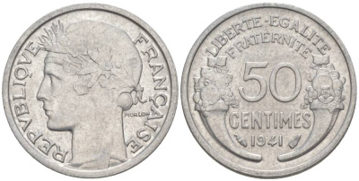 ФРАНЦИЯ 50 САНТИМОВ 1941 ТИП MORLON LOURDE KM 894.1a, LE FRANC 193.2 алюминий 44-256