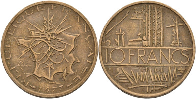Франция 10 франков 1977 тип Матье KM 940, Le Franc 365.9-10 никель латунь 4593-545