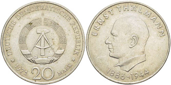 ГДР 20 марок 1971 A, 85 лет со дня рождения Эрнста Тельмана KM 34, J. 1535 медно-никель 4521-343