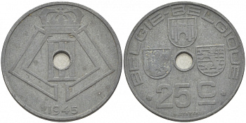 БЕЛЬГИЯ 25 САНТИМОВ 1945 BELGIE-BELGIQUE KM 132 цинк 3996-722
