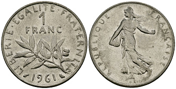 Франция 1 франк 1961 сеятель KM 925 никель 4135-821