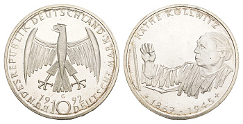 Германия 10 марок 1992 G, 125 лет со дня рождения Кете Кольвиц KM 178 серебро UNC 4634-1026