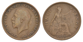 Великобритания 1/2 пенни 1929 Георг V (1910-1936) KM 837, Spink 4058 бронза 4642-432