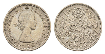 Великобритания 6 пенсов 1957 Елизавета II (1952-2022) KM 903, Spink 4149 медно-никель 4639-237