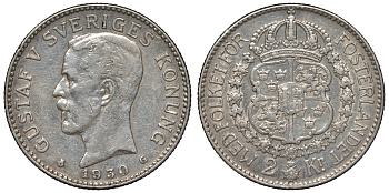 Швеция 2 кроны 1930 G, Густав V (1907-1950) KM 787 серебро 1531-332