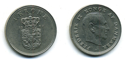 ДАНИЯ 1 КРОНА 1967 C; S, ФРЕДЕРИК IX (1947-1972) KM 851.1 медно-никель 56-513
