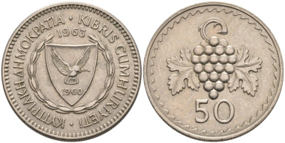 Кипр 50 милсов 1963 виноградная гроздь KM 41 медно-никель 4571-1022