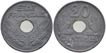 Франция 20 сантимов 1942 Правительство Виши KM 900.1 цинк 77-645