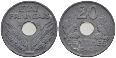 Франция 20 сантимов 1942 Правительство Виши KM 900.1 цинк 77-645