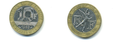 Франция 10 франков 1988 тип Гений Бастилии KM 964.1, Le Frank 375.2 биметалл 80-651