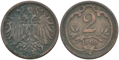 АВСТРИЯ 2 ГЕЛЛЕРА 1899 KM 2801 бронза 63-327