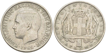 ГРЕЦИЯ 1 ДРАХМА 1966 КОНСТАНТИН II (1964-1973) KM 89 медно-никель 4182-1131