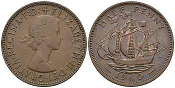 Великобритания 1/2 пенни 1960 Елизавета II (1952-2022) KM 896, Spink 4158 бронза 4610-711