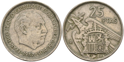 Испания 25 песет 1957 (59) Франсиско Франко (1939 - 1975) KM 787 медно-никель 4149-1024