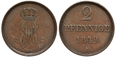 Ганновер 2 пфеннига 1849 B, Эрнст Август (1837-1851) KM 202.1, AKS 124, J. 75 медь 75-1927