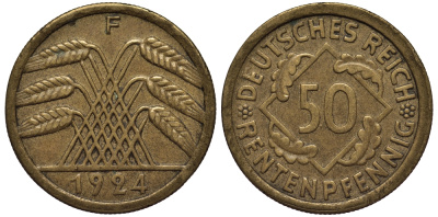 Германия 50 рентенпфеннигов 1924 F KM 34, J. 310 алюминиевая бронза 1529-313