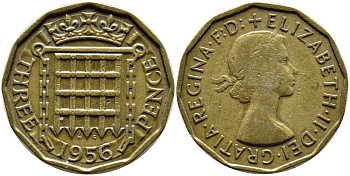 Великобритания 3 пенса 1956 Елизавета II (1952-2022) KM 900, Spink 4153 никель латунь 4390-214