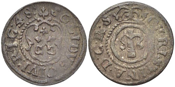 Ливония 1 солид (шелаг, шиллинг) 1648 КОРОЛЕВА КРИСТИНА (1632-1654), ШВЕДСКАЯ ОККУПАЦИЯ, ВЕС 0,46 ГР. KM 21 серебро 1517-1042