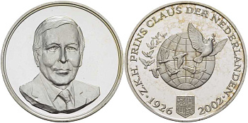 НИДЕРЛАНДЫ МЕДАЛЬ 2002 ПРИНЦ НИДЕРЛАНДОВ КЛАУС (1926-2002), ДИАМЕТР 38,6 ММ., ВЕС 31,35 ГР. серебро PROOF 1076-9-21