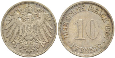 Германия 10 пфеннигов 1907 F KM 12, J. 13, Weege 8 медно-никель 4523-311