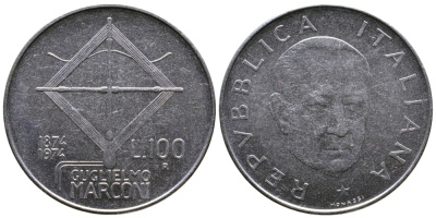 ИТАЛИЯ 100 ЛИР 1974 R, 100 ЛЕТ МАРКОНИ KM 102 нержавеющая сталь 3333-843