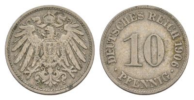 Германия 10 пфеннигов 1906 D, Вильгельм II (1888-1918) KM 12, J. 13 медно-никель 4644-1161