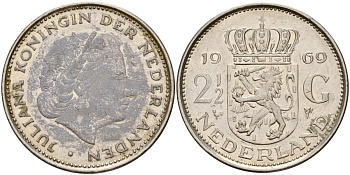 Нидерланды 2 1/2 гульдена 1969 Юлиана (1949-1980) KM 191 никель 4157-411