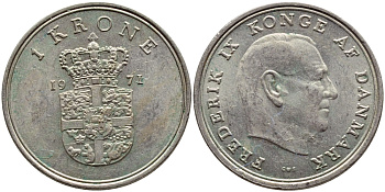ДАНИЯ 1 КРОНА 1971 C; S, ФРЕДЕРИК IX (1947-1972) KM 851.1 медно-никель 4398-1026
