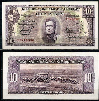 Уругвай 10 песо 1939 Хосе Хервасио Артигас, памятник повозке, Монтевидео, серия C Pick 37 c  бумага 444-101-2-2