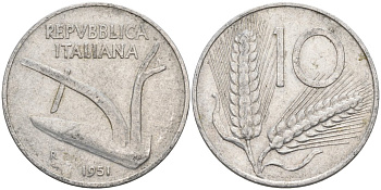 Италия 10 лир 1951 R, КОЛОС, плуг KM 93 алюминий 4573-756