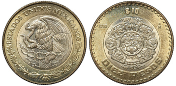 Мексика 10 песо 1998 Мо, бог Тонатиуха с огненной маской KM 616 биметалл UNC 4367-1045