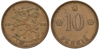 Финляндия 10 пенни 1939 KM 24 медь 51-3055