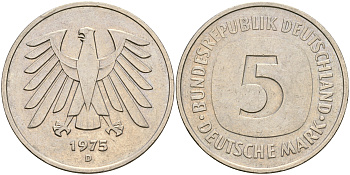 ФРГ 5 марок 1975 D, монетный двор Мюнхен КМ 140.1, J. 415 медно-никель плакированный никелем 4607-326