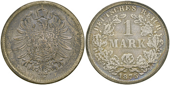 Германия 1 марка 1875 F Weege 17, J. 9, KM 7 серебро 65-111