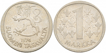 ФИНЛЯНДИЯ 1 МАРКА 1974 S KM 49а медно-никель 3718-1232