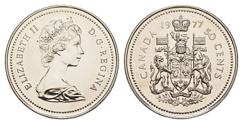 Канада 50 центов 1977 Елизавета II (1952-2022), герб KM 75 никель PROOF-LIKE (BU) 4631-952