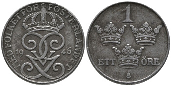 Швеция 1 эре 1946 Густав V (1907-1950) KM 810 железо 188-1256