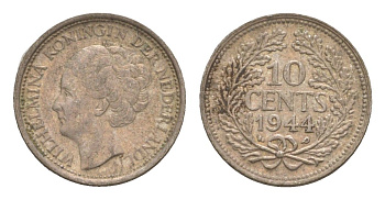Нидерланды 10 центов 1944 Вильгельмина (1890-1948) KM 163 серебро 4659-212